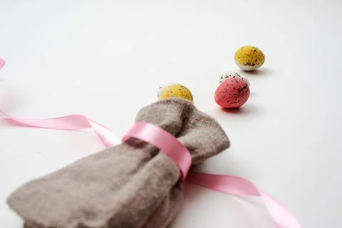 Closeup bag with eggs on the table. Easter background Stock Photos