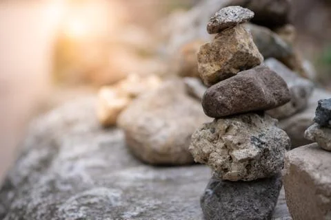 Closeup of balancing rock stack pyramid for mediation and harmony concept. Ze Stock Photos