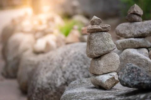 Closeup of balancing rock stack pyramid for mediation and harmony concept. Stock Photos
