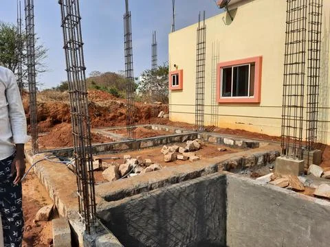 Closeup of basic or first work or building construction like, sump, pillar, b Foto stock