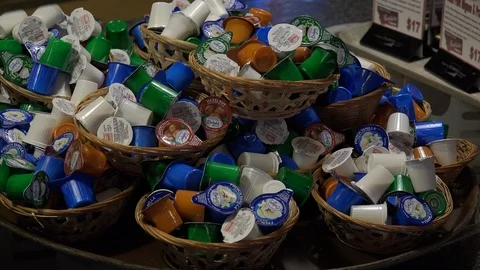 Closeup of Baskets of Coffee Creamer Stock Footage 126888208