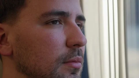 Closeup of bearded young man looking thoughtfully out train window during Stock Footage 337029303