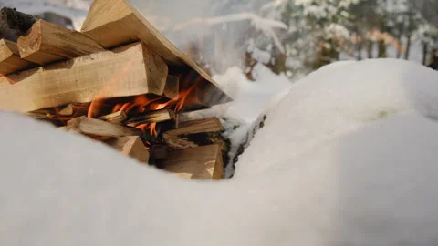 Closeup of beautiful calm vivid fire flame over wooden logs at winter time Stock Footage 308706404
