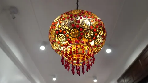 Closeup beautiful Chinese lanterns turn around on the ceiling Stock Footage 142553629