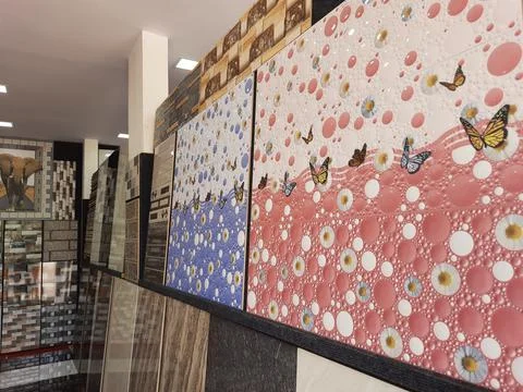 Closeup of beautiful different types of multi color digital wall and floor ti Fotos de archivo