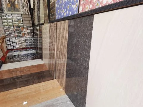 Closeup of beautiful different types of multi color digital wall and floor ti Stock Photos