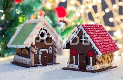 Closeup of beautiful gingerbread house at home Stock Photos
