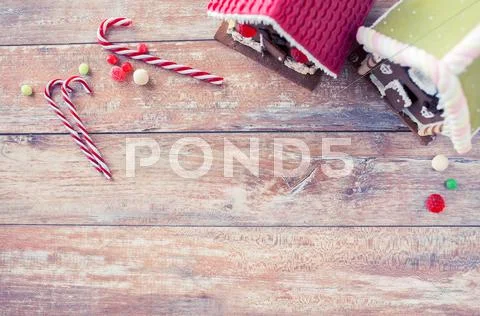 Closeup of beautiful gingerbread houses at home Stock Photos