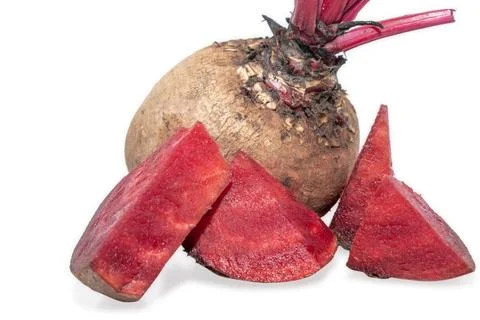 Closeup beetroot (beet root) and cut in half sliced isolated on white backg.. Foto stock