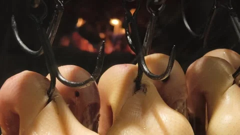 Closeup of Beijing Roast Ducks Hanging Over Traditional Wood Fire Oven Stock Footage 339435721