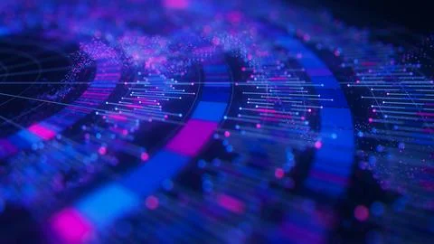 Closeup of Big Data complex round graph background. Quantum computing universe Illustrazione stock