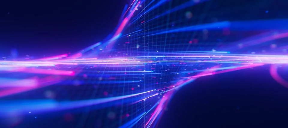 Closeup of bigdata light speed twisted flow with shallow DOF. Abstract digital Stock Illustration