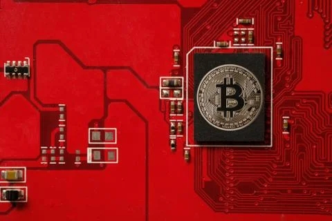Closeup of bitcoin circuit board with processor Stock Photos