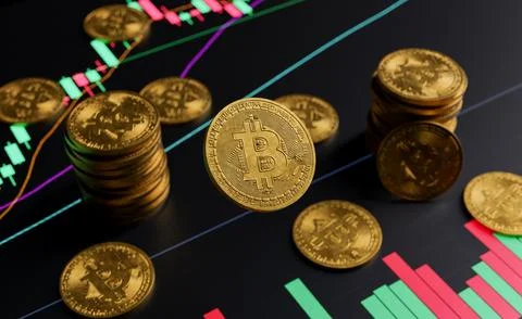 Closeup of a bitcoin with price graphs Stockillustratie