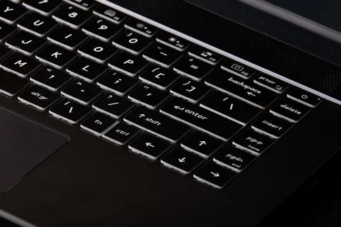 Closeup of a black computer keyboard with white letters and numbers on it Stock Photos