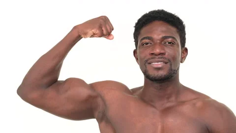 Closeup of black man flexing biceps. Isolated on a white background. Stock Footage 161947985