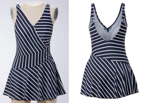 Closeup blank front and back view swimsuit on cloth stand. template,front view Stock Photos
