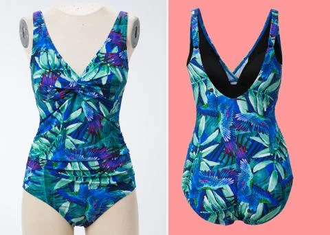 Closeup of blank front and back view swimsuit on cloth stand. template Stock Photos