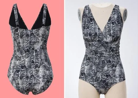 Closeup of blank front and back view swimsuit on cloth stand. template Stock Photos