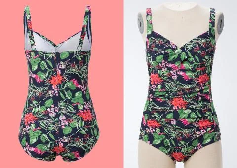 Closeup of blank front and back view swimsuit on cloth stand. template Stock Photos