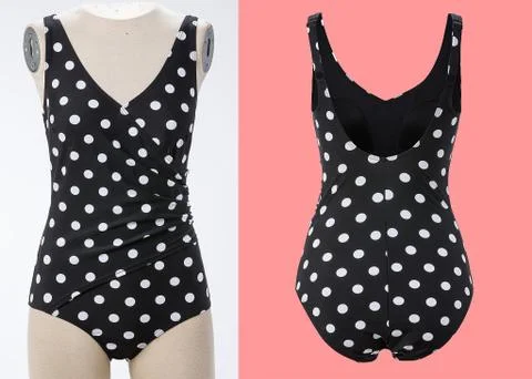Closeup of blank front and back view swimsuit on cloth stand. template Stock Photos