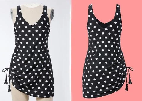 Closeup of blank front and back view swimsuit on cloth stand. template Stock Photos
