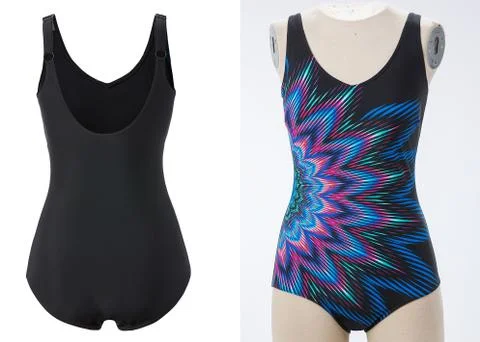 Closeup of blank front and back view swimsuit on cloth stand. template Stock Photos