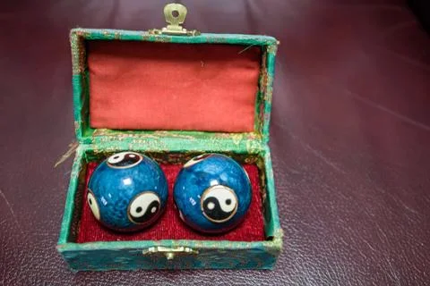Closeup of blue Chinese Baoding balls in box Stock Photos