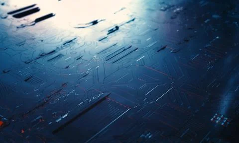 Closeup blue circuit PCB module board of spaceship microchip in sci-fi comp.. Illustrazione stock