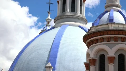 Closeup Blue domes of the Cathedral of the Immaculate Conception in Cuenca,.. Stock Footage 280338493