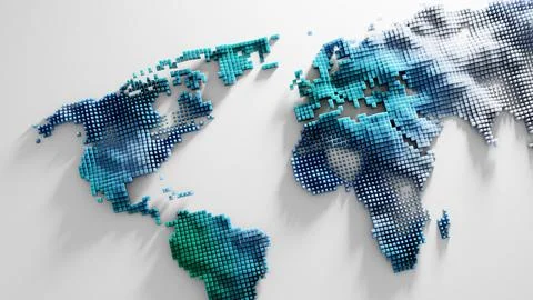 Closeup blue voxel world map with clean modern geometric depth Stock Illustration