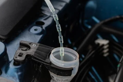 Closeup blue windshield washer fluid reservoir cap. Car engine windshield was Foto stock