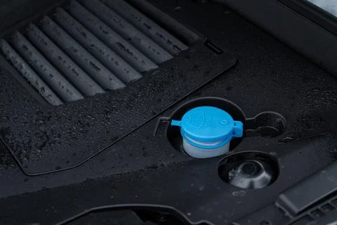 Closeup blue windshield washer fluid reservoir cap. Car engine windshield was Stock Photos