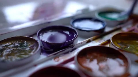 Closeup box of diffirents colors paint. Brush dipped in paint. Artist, stutent Stock Footage 70637855