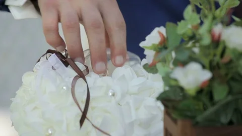 Closeup of bride and groom exchanging wedding rings over green nature background Stockbeeldmateriaal 71645625
