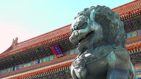 Closeup Bronze lion in front of the Hall of Supreme Harmony Stock Footage 65284616