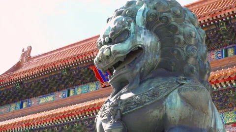 Closeup Bronze lion in front of the Hall of Supreme Harmony Stock Footage 65284865
