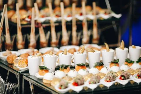 Closeup of buffet table served with exotic food Fotos de archivo