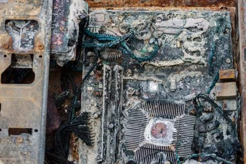 Closeup of a burned desktop computer Stockfoto's