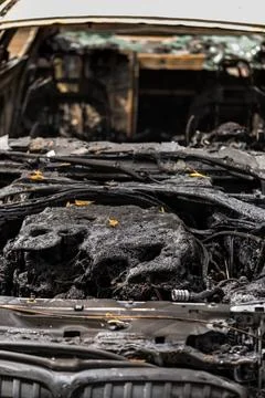 Closeup Of Burned Engine Compartment Of Car Stock Photos
