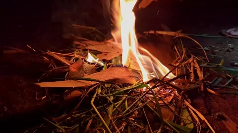 Closeup of burning grass at night creating warm glow and cozy firelight atm.. Stock Footage 335873807