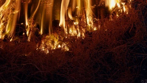 Closeup of burning straw moving from top to bottom in an arc, slow motion Stock Footage 106357973