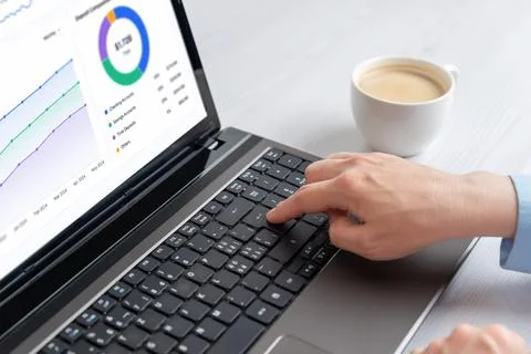Closeup of business analytics interface on laptop keyboard workspace with c.. 库存照片