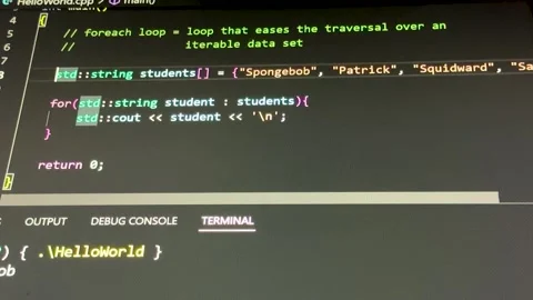 Closeup of c code with a loop and string array displayed on a darkthemed id.. Stock Footage 340221318