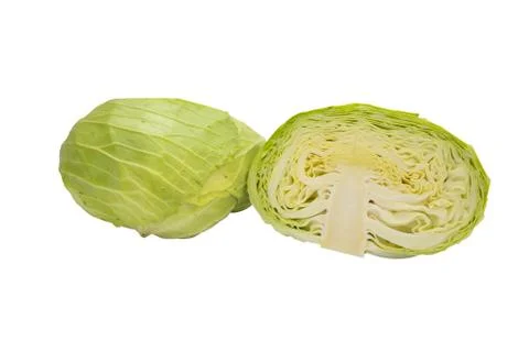 Closeup cabbage and cutted cabbage on wooden isolated white background Stock Photos