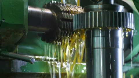 Closeup Camera Moves around Lathe with Cooling Lubricant Stock Footage 74470363