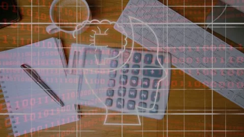 Closeup camera pulling back, calculator rotating, sliding to center, revealing Stock Footage 334881843