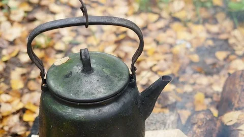 Closeup of camp kettle over burning fire in autumn forest, 4k footage Stock Footage 81427083