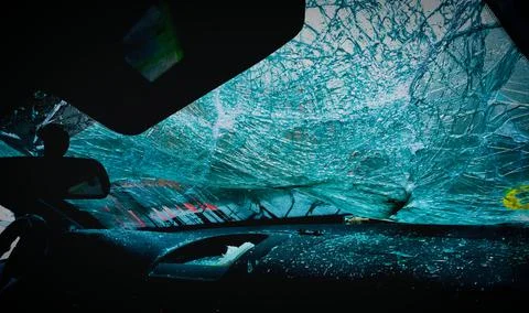 Closeup of car with broken windshield, Accident of car Stock Photos