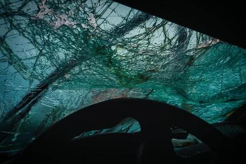 Closeup of car with broken windshield, Accident of car Stock Photos